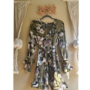 Boohoo Floral Print Mini Dress, Size 8, Soft Green